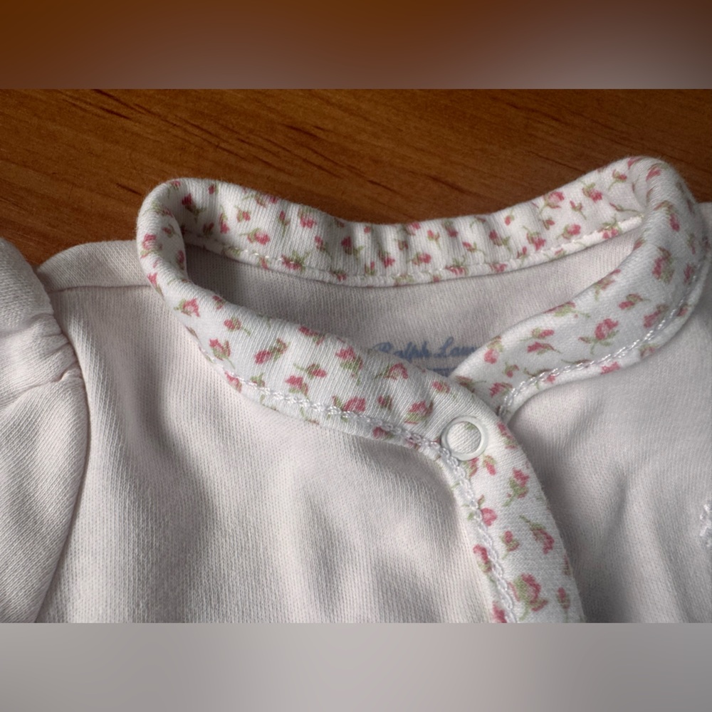 Ralph Lauren Delicate Pink Floral-Trim Footed Coveralls 100% Cotton Pajamas NB - Picture 5 of 12